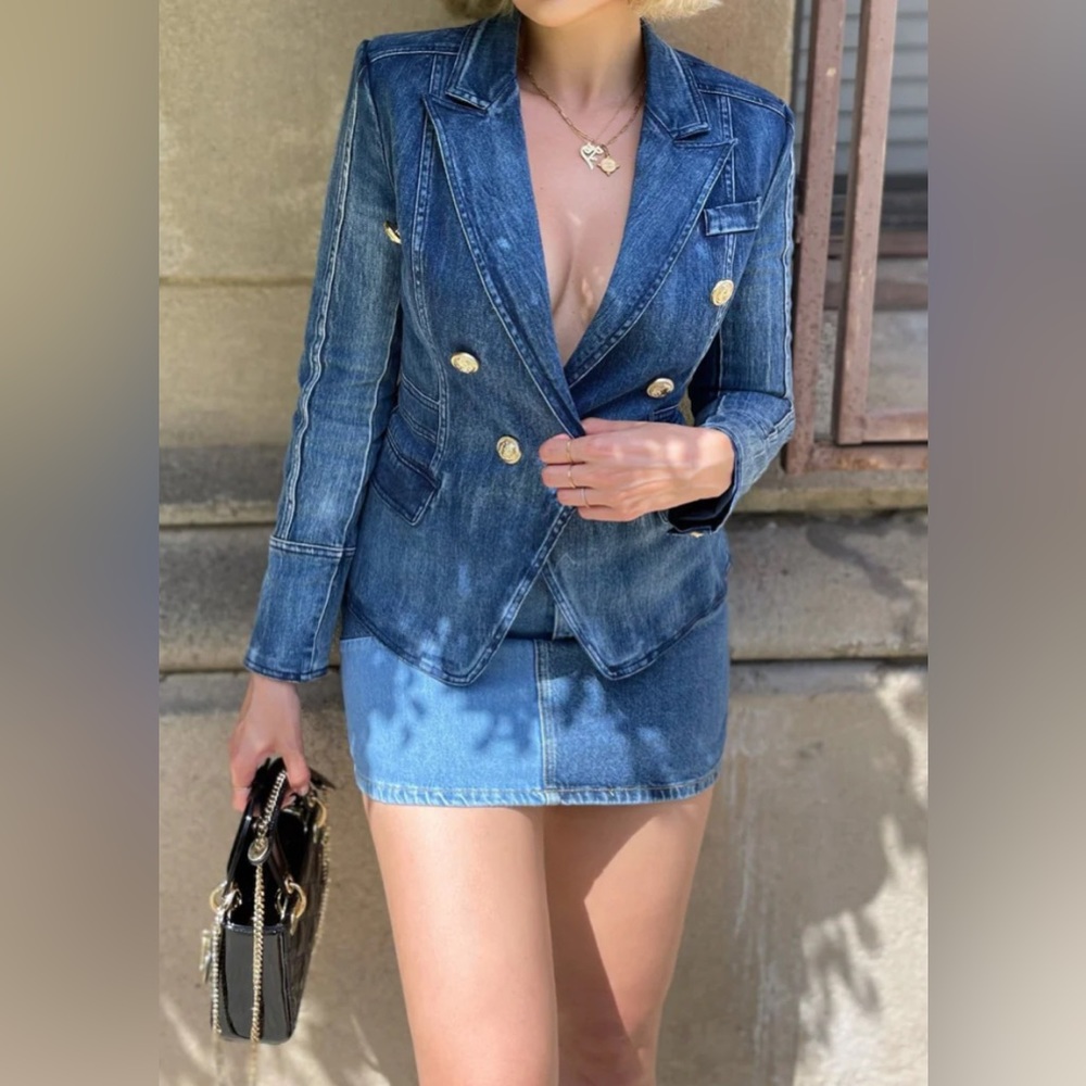 HAUTE & COUTURE Denim Double Breasted Gold Button Blazer